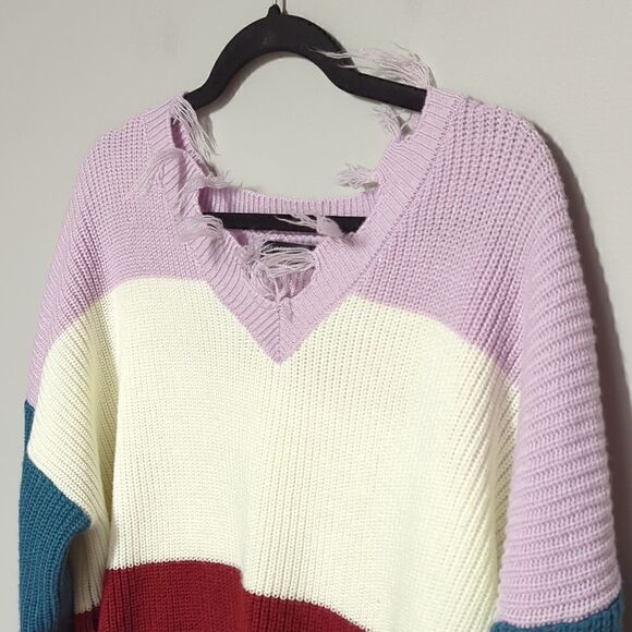 SHEIN Color Block Shark bite Hem V Neck Sweater - Picture 2 of 6